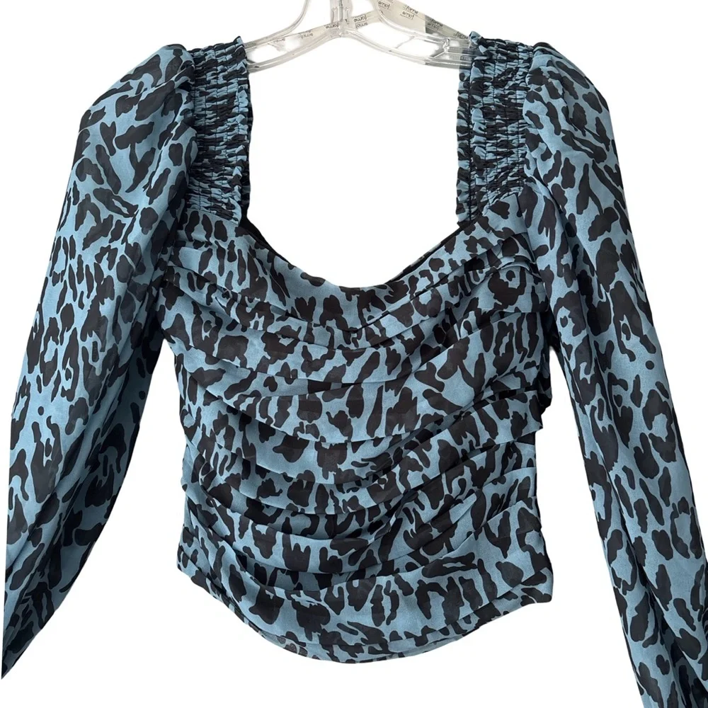 ZARA Womens Blue Animal Print Balloon Long Sleeve Pleated Crop Blouse Top Small